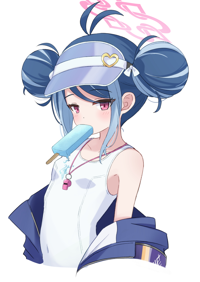 1girl absurdres antenna_hair blue_archive blue_hair collarbone covered_navel cream_on_clothes dot_nose eating food food_in_mouth fubuki_(blue_archive) fubuki_(swimsuit)_(blue_archive) grey_hair halo highres jacket kouyatsutou light_blush long_hair long_sleeves looking_at_viewer melting_popsicle multicolored_hair off_shoulder official_alternate_costume official_alternate_hairstyle one-piece_swimsuit open_clothes open_jacket pink_halo popsicle popsicle_in_mouth red_eyes school_swimsuit sidelocks simple_background solo streaked_hair swimsuit two-tone_hair upper_body whistle whistle_around_neck white_background white_jacket white_one-piece_swimsuit