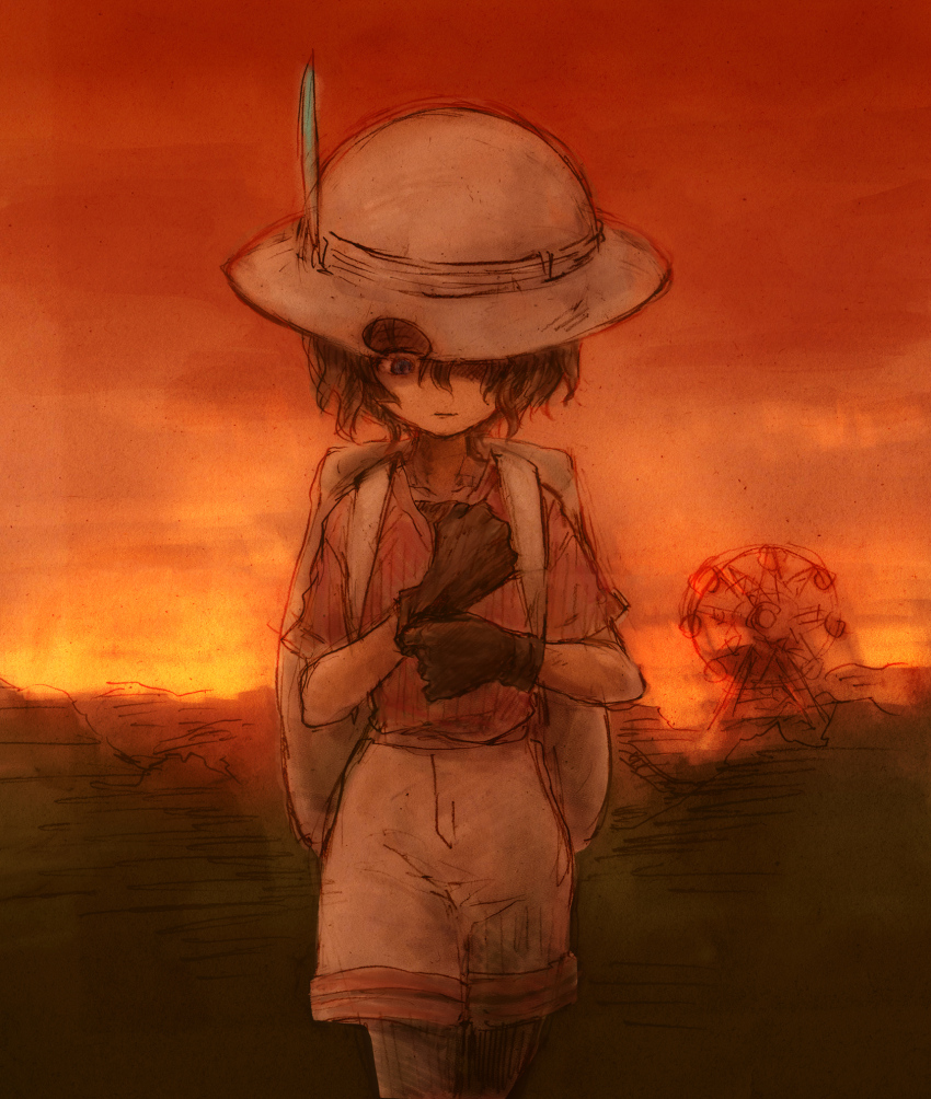 1girl adjusting_clothes adjusting_gloves backpack bag black_eyes black_gloves black_hair closed_mouth evening expressionless feet_out_of_frame ferris_wheel gloves hat_feather helmet highres kaban_(kemono_friends) kemono_friends looking_down muted_color one_eye_covered orange_sky orange_theme outdoors payama pith_helmet red_shirt shaded_face shirt shirt_tucked_in short_hair short_sleeves shorts sky solo straight-on walking white_shorts