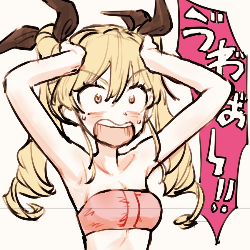 1girl anchovy_(girls_und_panzer) armpits blush breasts drill_hair eisu_(eith) eyelashes girls_und_panzer hair_between_eyes hands_on_own_head highres long_hair shouting sidelocks simple_background small_breasts strapless sweat teeth translation_request tube_top twin_drills twintails upper_teeth_only white_background