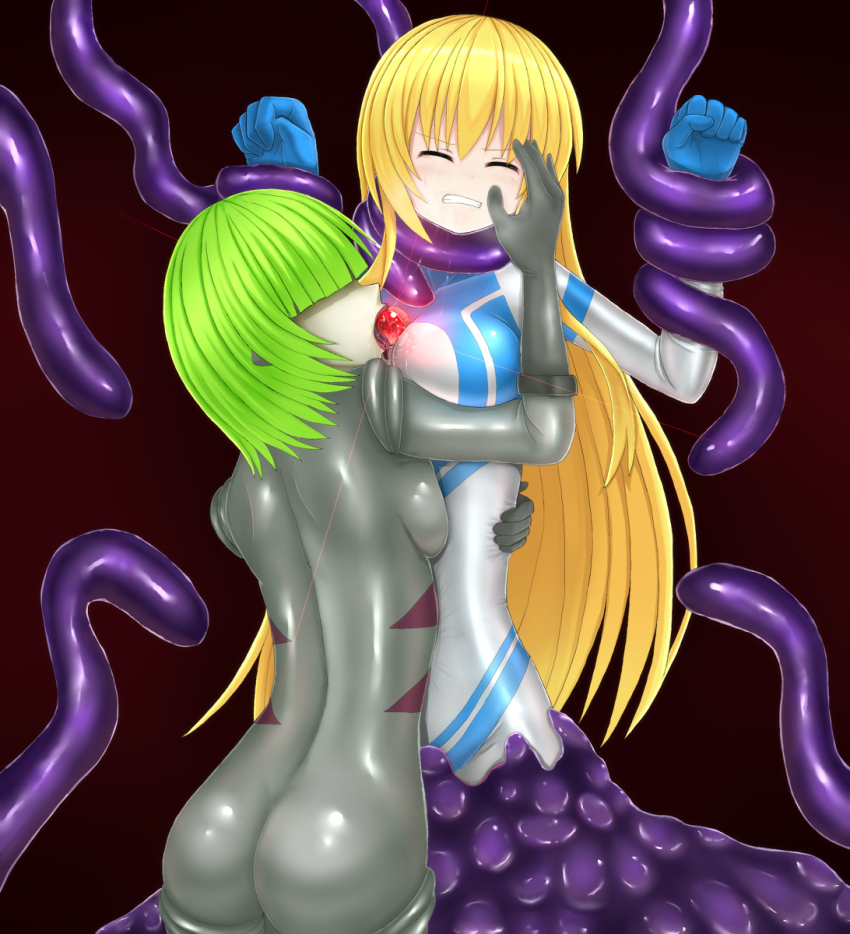 2girls absorbing artist_request bound energy_drain highres multiple_girls original restrained tagme tentacles tokusatsu