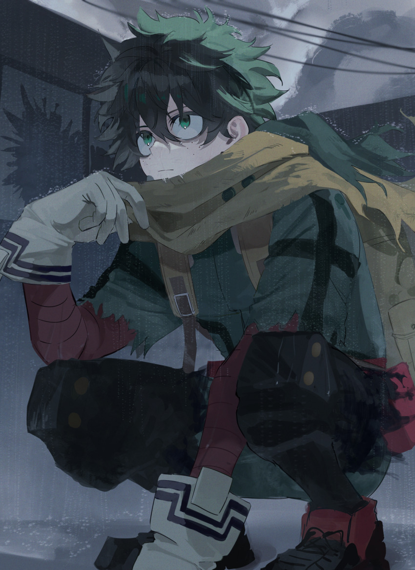 1boy arm_between_legs backpack bag belt blurry blurry_background bodysuit boku_no_hero_academia broken_window cape closed_mouth cloud commentary elbow_on_knee elbow_rest freckles full_body gloves green_bodysuit green_eyes green_hair hair_between_eyes hand_up highres looking_ahead male_focus midoriya_izuku outdoors power_lines rain slav_squatting solo spoilers squatting three_quarter_profile three_quarter_view tkrt_rkgk torn_cape torn_clothes torn_sleeves utility_belt wet yellow_bag yellow_cape