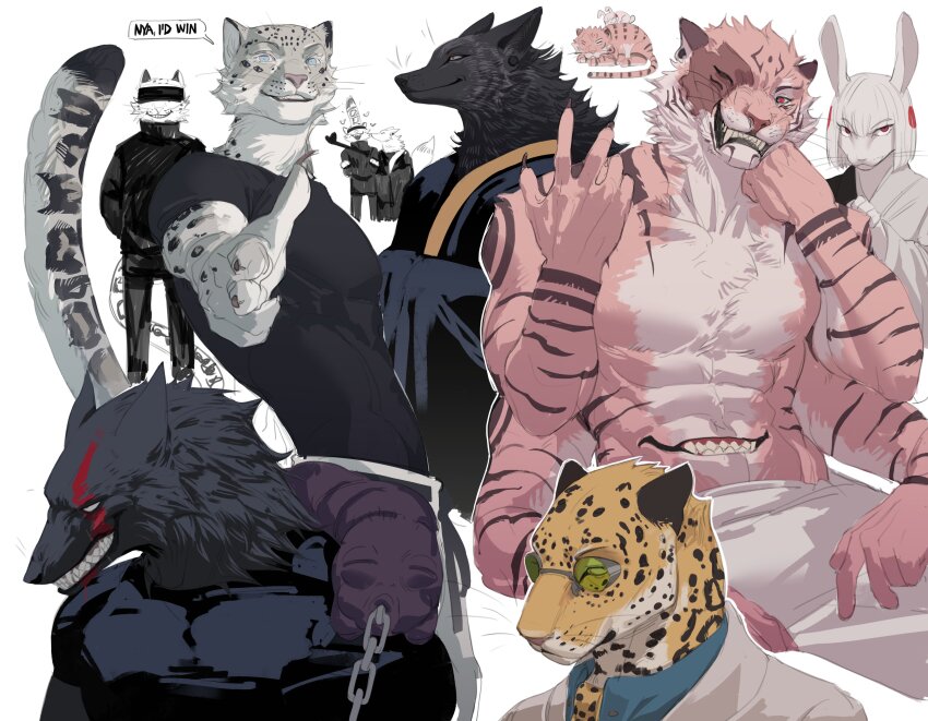 1other 5boys absurdres animal_ears animalization black_fur black_kimono black_shirt blindfold blood blood_on_face blue_eyes body_fur claws closed_mouth commentary english_commentary english_text extra_eyes extra_mouth fox_boy fox_ears furrification furry furry_male fushiguro_touji getou_suguru getou_suguru_(kenjaku) gojou_satoru green-tinted_eyewear grey_fur grin half_mask hand_up highres iba_(kcokaine) japanese_clothes jujutsu_kaisen kimono leopard_boy leopard_ears long_sleeves looking_at_viewer mask multiple_boys nanami_kento one_eye_closed orange_fur pink_fur pointing rabbit rabbit_ears red_eyes round_eyewear ryoumen_sukuna_(jujutsu_kaisen) ryoumen_sukuna_(true_form)_(jujutsu_kaisen) scar scar_on_face scar_on_mouth sharp_teeth shirt short_hair sitting sleeves_past_fingers sleeves_past_wrists smile snow_leopard_boy snow_leopard_tail stomach_mouth sunglasses tail teeth tiger tiger_boy tiger_ears tiger_tail tinted_eyewear toned toned_male topless_male uraume_(jujutsu_kaisen) white_fur white_hair wolf_boy wolf_ears