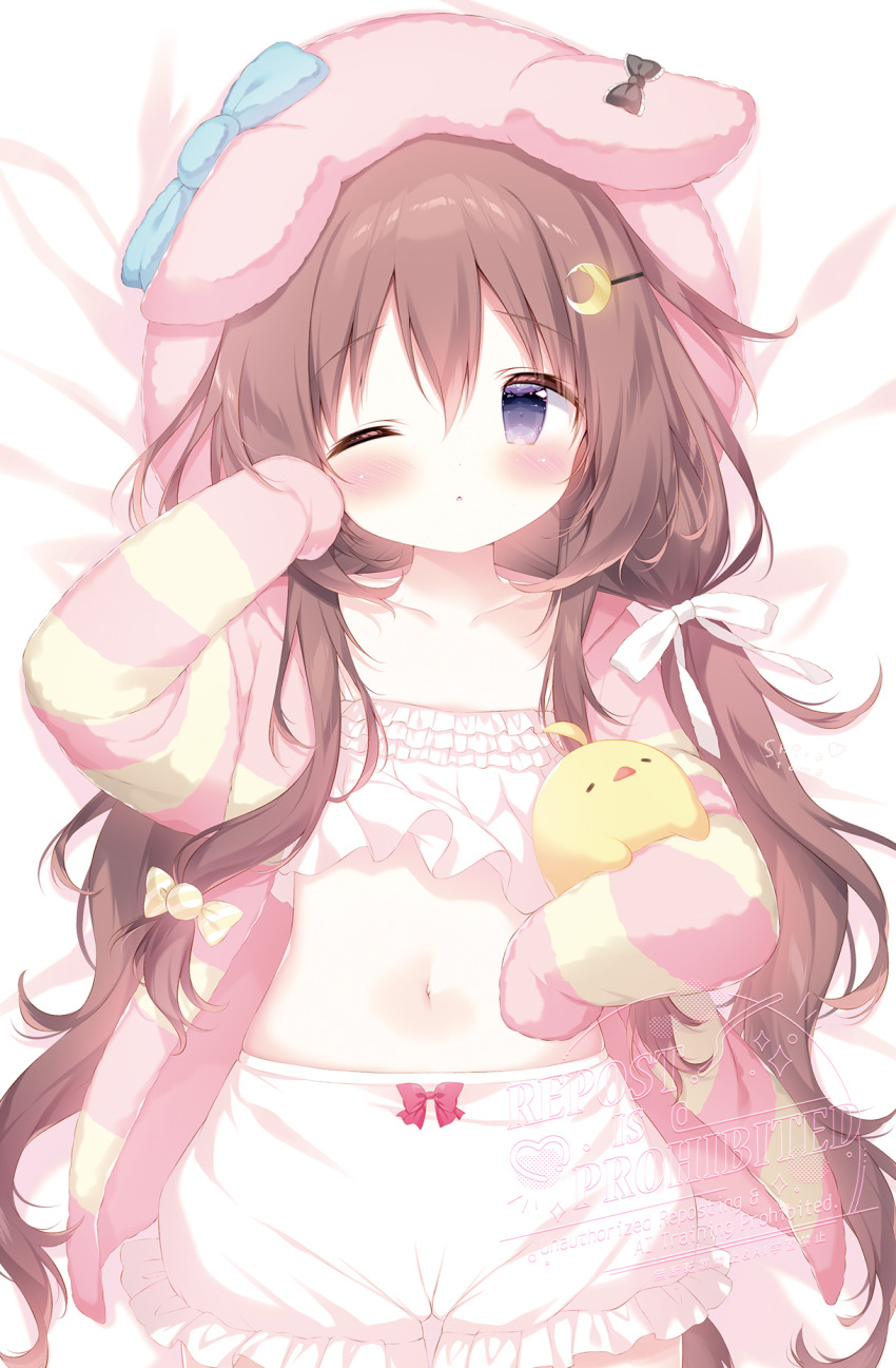 1girl animal animal_ears animal_hood animal_hug arm_up azur_lane bed_sheet bloomers blue_bow blush bow bow_bloomers brown_hair camisole cardigan collarbone cowboy_shot crescent crescent_hair_ornament dakimakura_(medium) dog_ears dog_girl flat_chest frilled_bloomers frilled_camisole frills fumizuki_(azur_lane) fumizuki_(sleepy_fairy)_(azur_lane) hair_between_eyes hair_ornament hair_ribbon hairclip highres hood hood_up hooded_cardigan long_hair long_sleeves looking_at_viewer low_twintails lying manjuu_(azur_lane) navel official_alternate_costume on_back one_eye_closed open_cardigan open_clothes parted_lips pink_cardigan purple_eyes ribbon rubbing_eyes shiratama_(shiratamaco) sleepwear sleepy sleeves_past_fingers sleeves_past_wrists solo stomach striped_cardigan striped_clothes twintails underwear watermark white_bloomers white_camisole white_ribbon