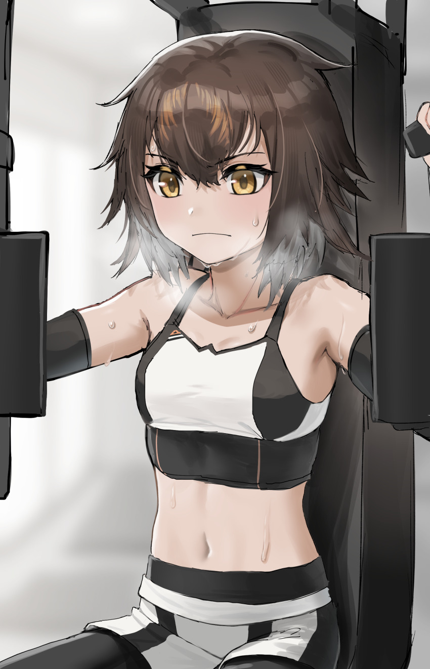 1girl absurdres arknights bare_shoulders bird_girl breasts brown_hair closed_mouth collarbone compression_sleeve exercise_machine exercising hair_between_eyes highres landl midriff multicolored_hair navel official_alternate_costume plume_(arknights) plume_(easy_time)_(arknights) short_hair sitting small_breasts solo sports_bra sweat two-tone_hair white_hair white_sports_bra yellow_eyes