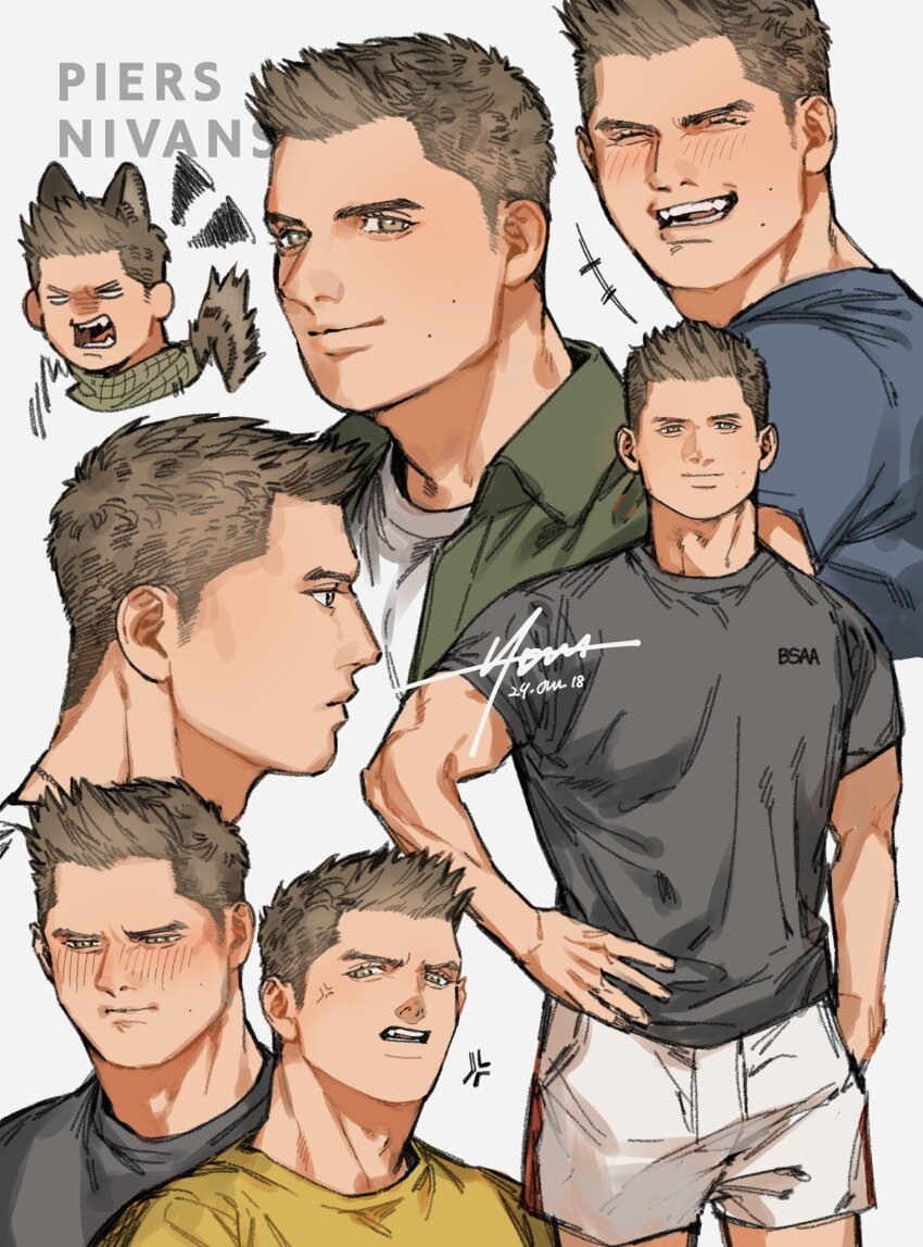 1boy anger_vein bara blush brown_hair character_name closed_eyes grey_shirt highres male_focus moto23059 multiple_views muscular muscular_male open_mouth piers_nivans resident_evil resident_evil_6 shirt short_hair shorts smile white_shorts yellow_shirt