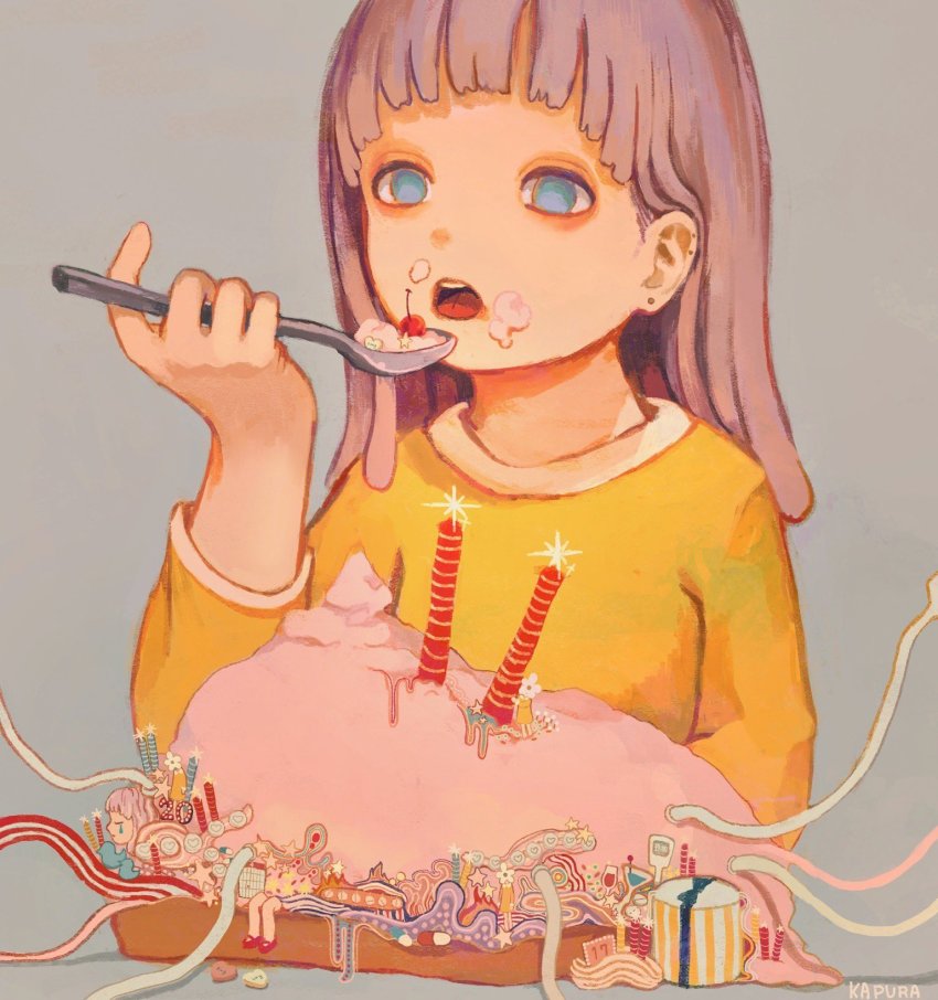 1girl abstract artist_name blue_eyes candle cherry eating food food_on_face fruit grey_background highres holding holding_spoon kapura long_hair long_sleeves open_mouth original pill purple_hair shirt signature simple_background solo spoon upper_body yellow_shirt