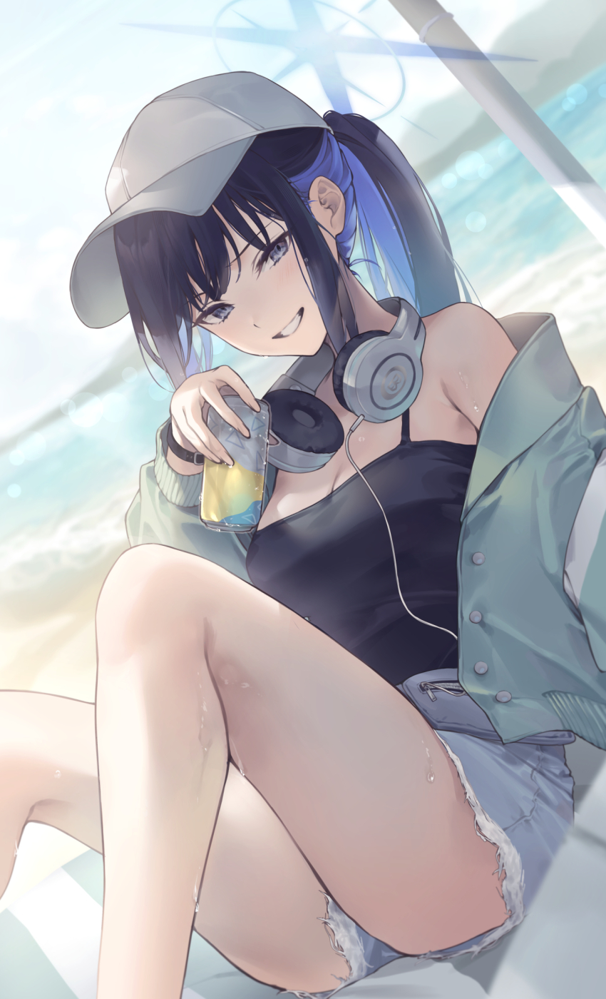 1girl aqua_jacket baseball_cap black_camisole blue_archive blue_halo camisole can colored_inner_hair denim denim_shorts halo hat headphones headphones_around_neck highres jacket multicolored_hair official_alternate_costume saori_(blue_archive) saori_(swimsuit)_(blue_archive) shiidap shorts solo thighs white_hat