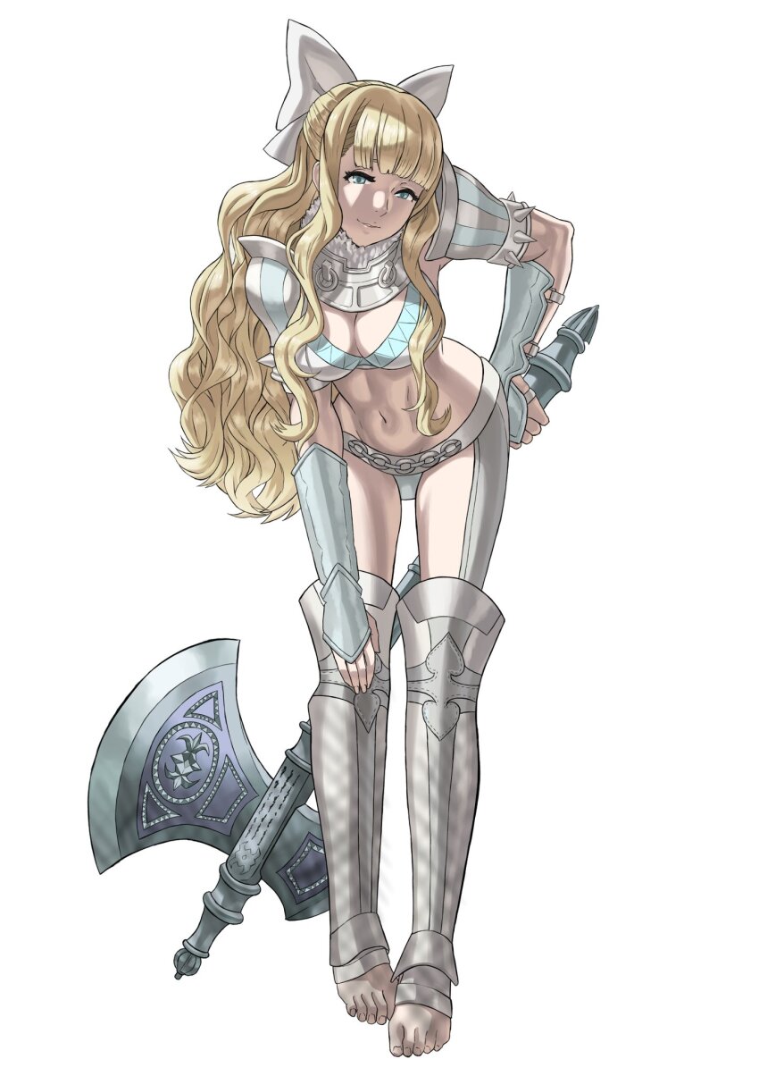 1girl armor axe battle_axe bikini_armor blonde_hair blue_eyes blunt_bangs bow breasts charlotte_(fire_emblem) cleavage fire_emblem fire_emblem_fates hair_bow highres holding holding_axe large_bow large_breasts leaning_forward long_hair navel nintendo official_style panties pauldrons peacefulandflat shoulder_armor sidelocks stirrup_legwear thighs toeless_footwear toeless_legwear underwear very_long_hair wavy_hair weapon white_bow white_panties