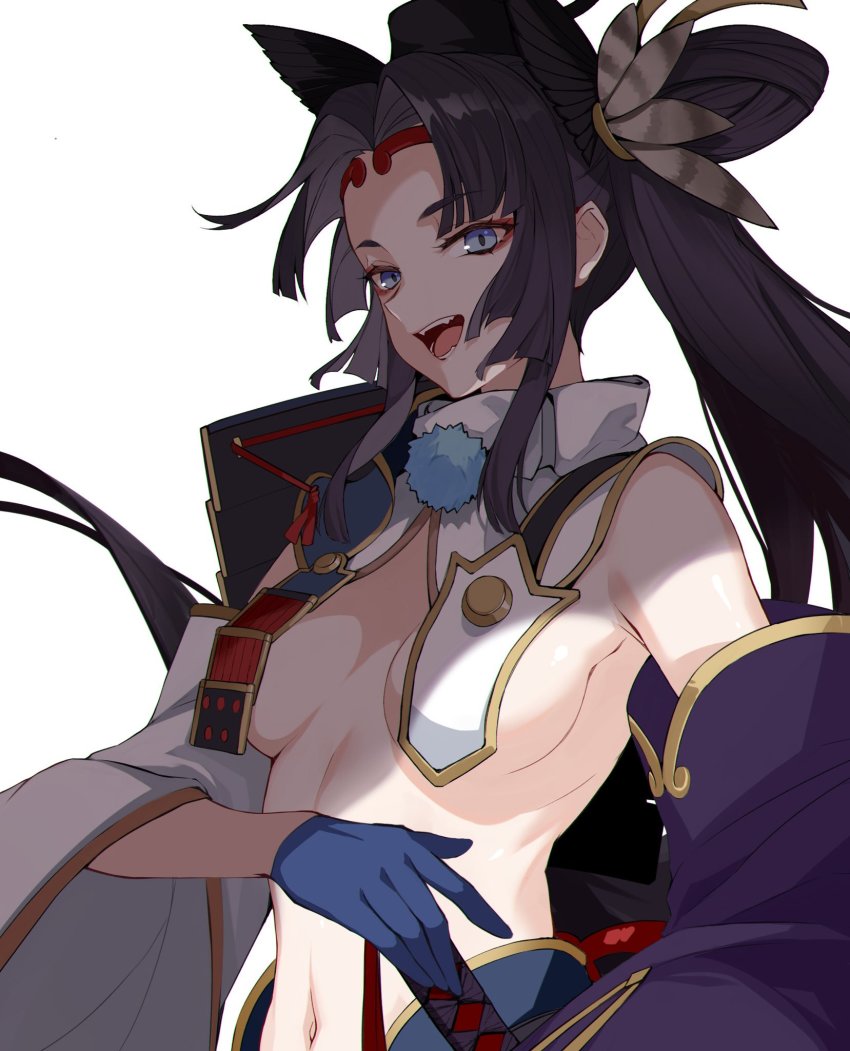 1girl :d animal_ears armor asymmetrical_sleeves bare_shoulders black_hair black_headwear blue_eyes blue_gloves circlet eyeshadow fate/grand_order fate_(series) feather_hair_ornament feathers gloves hair_ornament hand_on_sheath highres japanese_armor kusazuri long_hair makeup md5_mismatch mismatched_sleeves navel open_mouth pom_pom_(clothes) realmbw revealing_clothes shoulder_armor side_ponytail sidelocks simple_background smile solo sword upper_body ushiwakamaru_(fate) very_long_hair weapon white_background