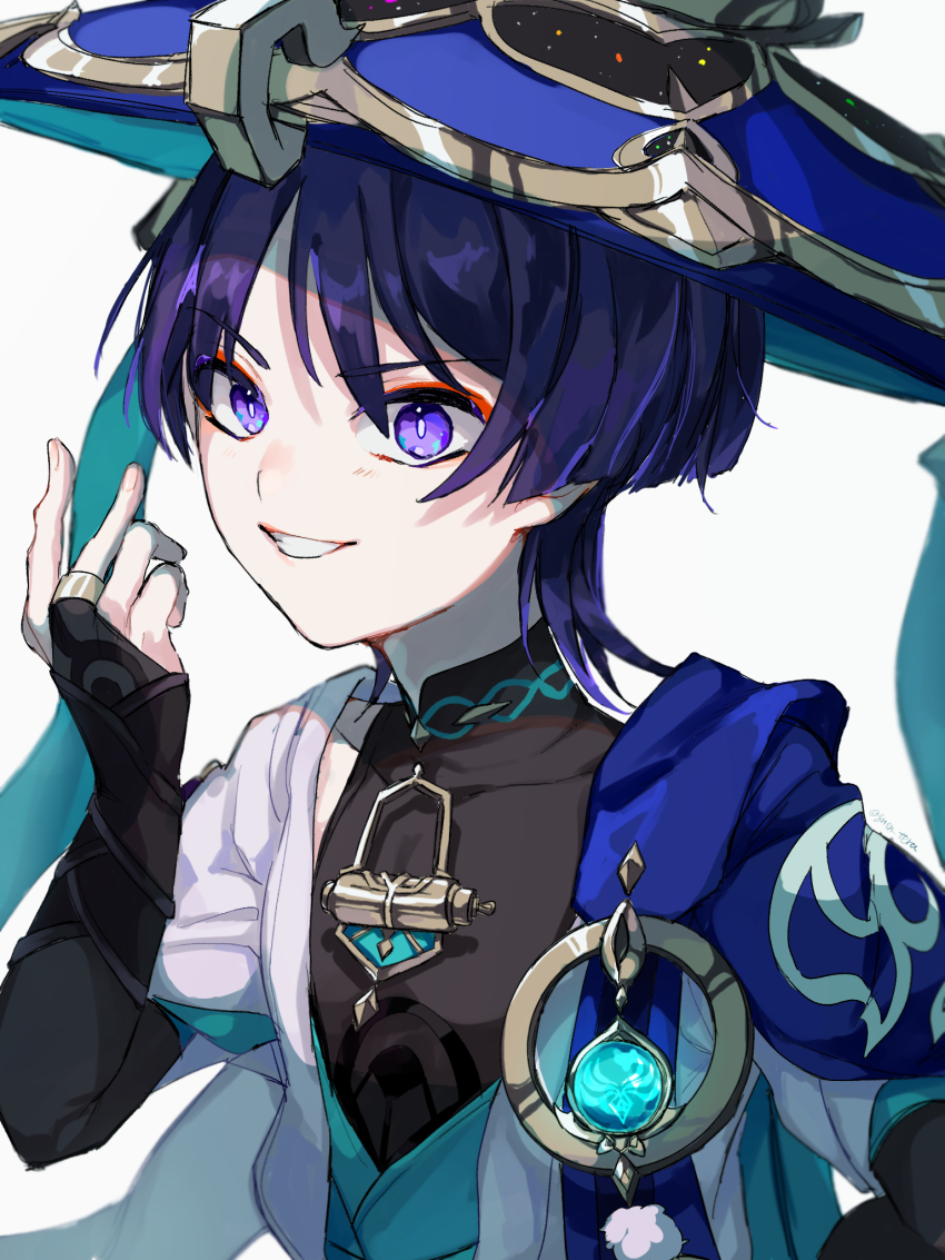 1boy anemo_symbol_(genshin_impact) arm_at_side armor black_bodysuit black_bridal_gauntlets blue_cape blue_gemstone blue_hat blue_kimono blue_sleeves blunt_ends bodysuit bridal_gauntlets bright_pupils cape covered_collarbone curled_fingers eyeliner eyeshadow fingernails gem genshin_impact gnsn_tera gold gold_ring grin han&#039;eri hat highres japanese_armor japanese_clothes jingasa kimono kote kurokote layered_kimono layered_sleeves makeup male_focus mandarin_collar middle_ring open_clothes open_kimono pom_pom_(clothes) purple_eyes purple_hair red_eyeliner red_eyeshadow scaramouche_(genshin_impact) short_sleeves shoulder_peek smile solo three_quarter_view upper_body vision_(genshin_impact) wanderer_(genshin_impact) white_background white_kimono white_pupils white_sleeves white_trim wide-eyed