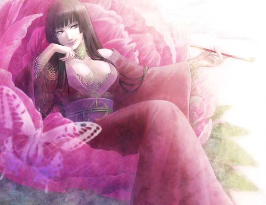 00s 1girl blunt_bangs breasts brown_hair cleavage dress female_focus flower hime_cut ichihara_yuuko japanese_clothes kimono kinoeneko kiseru large_breasts long_hair on_flower oversized_flower sitting smoking_pipe solo xxxholic yukata