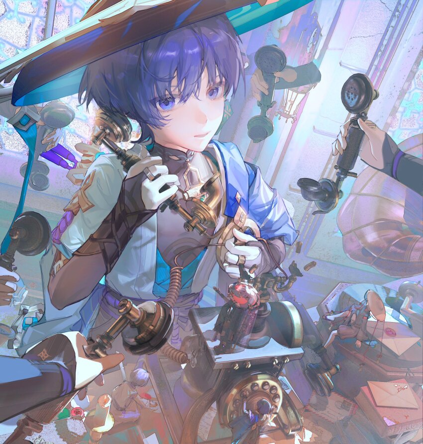 5boys antique_phone aqua_kimono aqua_sleeves armor black_bodysuit black_bow blue_cape blue_hat blunt_ends bodysuit book book_stack bow bridal_gauntlets cape disembodied_hand dterl genshin_impact gold gold_ring hair_between_eyes han&#039;eri hand_on_own_chest hand_up hat highres hip_vent holding holding_phone japanese_armor japanese_clothes jingasa kariginu kimono kneeling kote kurokote lamp layered_clothes layered_kimono layered_sleeves letter male_focus mandarin_collar mask_on_hat middle_ring mini_person multiple_boys multiple_persona open_clothes open_kimono outstretched_arms parted_lips phone phonograph purple_eyes purple_hair purple_rope record red_hat rope rotary_phone scaramouche_(genshin_impact) short_sleeves size_difference spread_arms tilted_headwear veil wanderer_(genshin_impact) wax_seal white_kimono white_sleeves