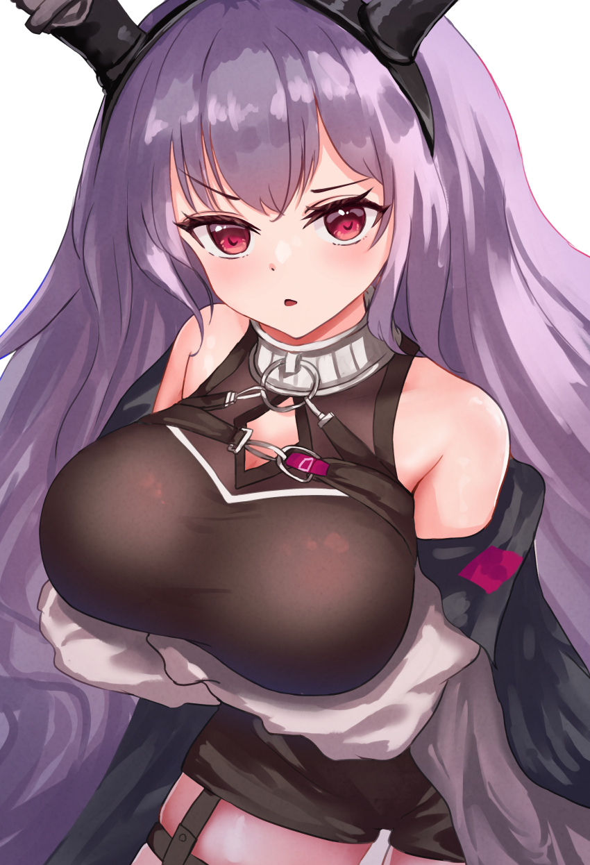 1girl absurdres arknights arms_under_breasts bare_shoulders black_hairband black_horns blush breasts brown_dress cleavage_cutout clothing_cutout cowboy_shot crossed_arms dress grey_jacket hairband highres hiun64 horns jacket large_breasts long_hair looking_at_viewer o-ring off_shoulder parted_lips pink_eyes purple_hair raised_eyebrow short_dress simple_background solo standing typhon_(arknights) very_long_hair white_background