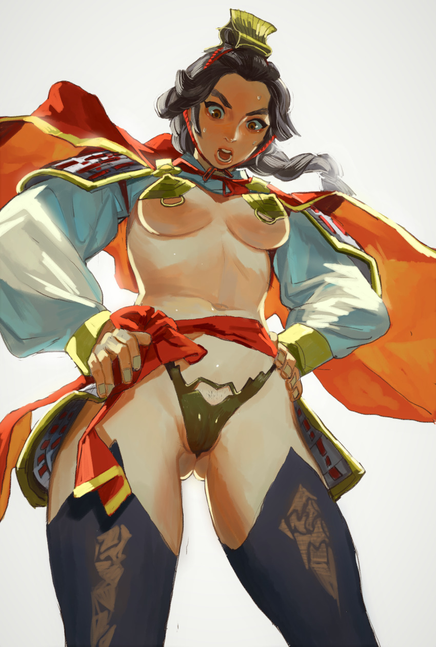 1girl absurdres armor artist_request bikini_armor black_hair black_thighhighs blush braid breasts female_pubic_hair hands_on_own_hips highres pubic_hair pussy_shield simple_background solo sparse_pubic_hair sun_ren tagme thighhighs thighs total_war total_war:_three_kingdoms white_background