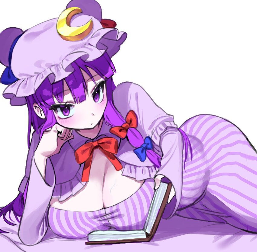 1girl blush book breasts cleavage dress hand_on_own_face hat large_breasts long_hair looking_at_viewer mob_cap patchouli_knowledge purple_dress purple_eyes purple_hair purple_hat simple_background solo touhou vuluhappy white_background