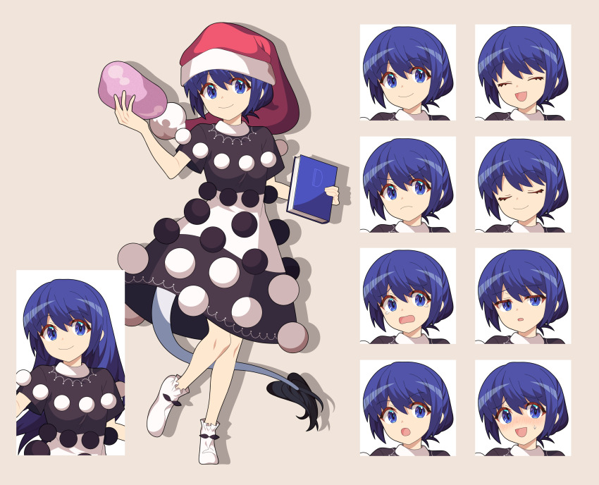 1girl 4rion :d absurdres blob blue_hair blush book closed_eyes closed_mouth commentary_request dark_blue_hair doremy_sweet drop_shadow multiple_expressions frilled_socks frills full_body fur-tipped_tail hair_down hand_up hat highres holding holding_book leg_up long_hair nightcap no_shoes nose_blush open_mouth pom_pom_(clothes) red_hat short_sleeves simple_background small_sweatdrop smile socks solo standing standing_on_one_leg tachi-e tail tearing_up touhou two-tone_dress