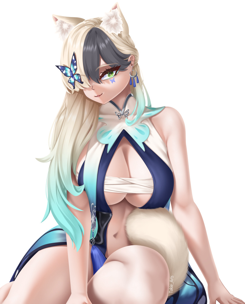 1girl absurdres animal_ear_fluff animal_ears aqua_hair bandages black_hair blonde_hair breasts bug butterfly butterfly_hair_ornament butterfly_on_face butterfly_on_head cat_ears cat_fantasy cat_girl cat_tail cleavage earrings fluffy green_eyes hair_ornament hair_over_one_eye hair_over_shoulder highres insect jewelry large_breasts long_hair looking_at_viewer multicolored_hair qi_(cat_fantasy) simple_background stomach tail takie_arts thick_thighs thighhighs thighs two-tone_hair very_long_hair white_background