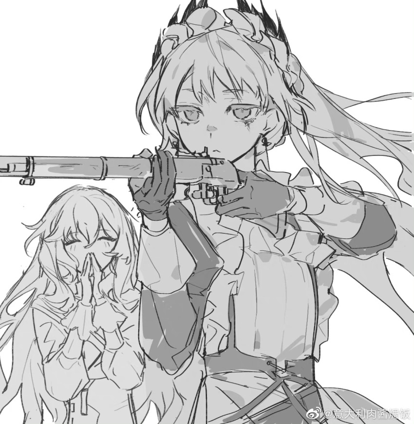 2girls apron arknights dress frilled_apron frills gloves greyscale gun head_wings holding holding_gun holding_weapon irene_(arknights) irene_(voyage_of_feathers)_(arknights) juliet_sleeves long_hair long_sleeves m1_garand maid_headdress monochrome multiple_girls paopp9961 puffy_sleeves rifle scar scar_on_face simple_background specter_(arknights) upper_body weapon weibo_logo weibo_watermark white_background wings