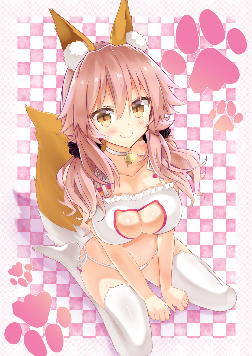 10s 1girl absurdres animal_ears bell bow bra breasts cat_cutout cat_ear_panties cat_lingerie choker cleavage cleavage_cutout clothing_cutout collar collarbone fate/extra fate/grand_order fate_(series) female_focus fox_ears fox_tail frilled_bra frills hair_bow hair_ribbon highres jingle_bell large_breasts meme_attire nanakusa_(user_rnpt7322) navel neck_bell panties pink_hair ribbon side-tie_panties sitting solo stomach tail tamamo_(fate) tamamo_no_mae_(fate/extra) underwear underwear_only wariza white_bra yellow_eyes