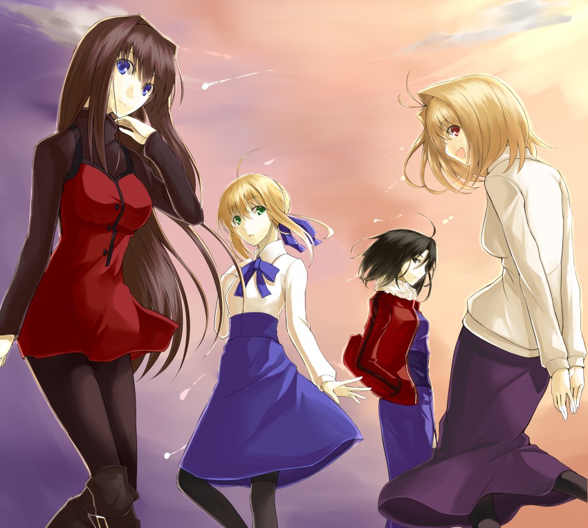 00s 4girls absurdres ahoge aozaki_aoko arcueid_brunestud artoria_pendragon_(fate) black_eyes black_hair black_legwear blonde_hair blue_eyes brown_eyes brown_hair company_connection crossover fate/stay_night fate_(series) green_eyes hair_ribbon high-waist_skirt highres jacket japanese_clothes kara_no_kyoukai kauto kimono legs long_hair long_skirt mahou_tsukai_no_yoru multiple_girls pantyhose purple_skirt red_eyes red_jacket ribbon ryougi_shiki saber_(fate) short_hair skirt sweater tsukihime type-moon