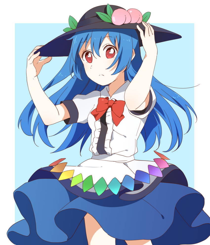 1girl absurdres black_hat blouse blue_background blue_hair blue_skirt border bow bowtie buttons center_frills closed_mouth cowboy_shot food frills frown fruit hair_between_eyes hands_on_headwear hat highres hinanawi_tenshi leaf long_hair looking_at_viewer peach puffy_short_sleeves puffy_sleeves rainbow_order red_bow red_bowtie red_eyes sasaki_sakiko shirt short_sleeves skirt solo touhou white_border white_shirt