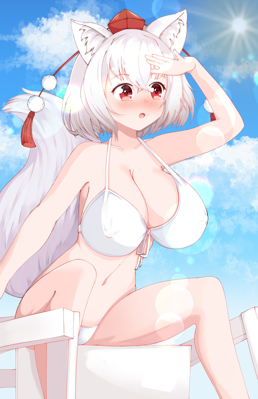 1girl absurdres animal_ears arm_up bikini blush breasts cloud cloudy_sky codyyuki covered_erect_nipples day front-tie_bikini_top front-tie_top hair_between_eyes halterneck hat highres inubashiri_momiji large_breasts leaning_forward lens_flare lifeguard lifeguard_chair micro_bikini navel open_mouth outdoors pom_pom_(clothes) red_eyes red_hat short_hair sky solo sun sunlight swimsuit tail tassel tokin_hat touhou white_bikini white_hair wolf_ears wolf_girl wolf_tail