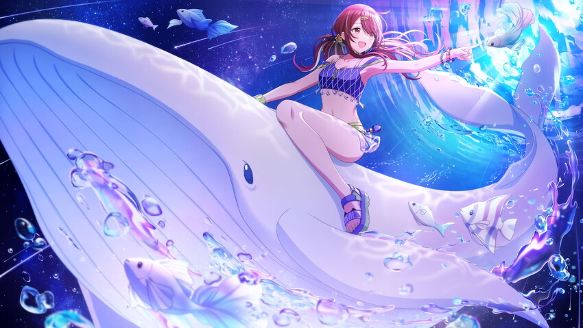 1girl angelfish bikini fish game_cg green_hair highres idolmaster idolmaster_shiny_colors multicolored_hair navel official_art open_mouth osaki_tenka red_hair riding sandals shooting_star solo star_(sky) swimsuit toes water whale