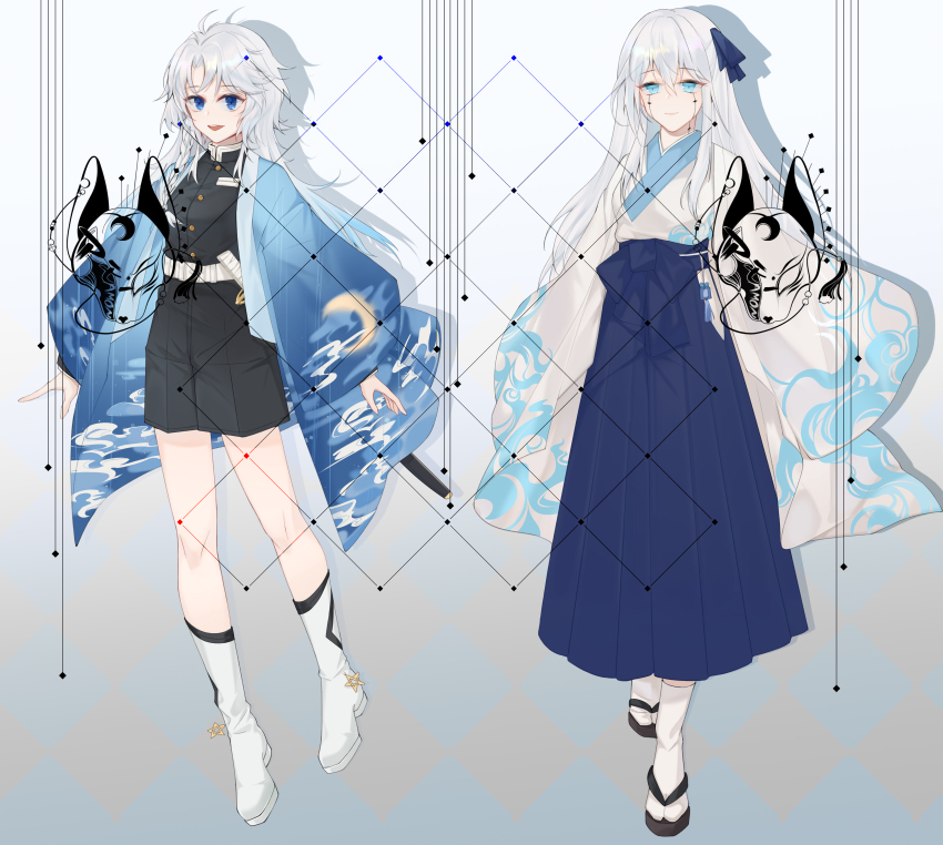 2girls :d absurdres ahoge arms_at_sides belt black_footwear black_jacket black_shorts blue_coat blue_eyes blue_hair blue_hakama blue_ribbon boots buttons closed_mouth cloud_print coat commission crescent_print curtained_hair demon_slayer_uniform facial_mark gradient_background gradient_hair hair_between_eyes hair_ribbon hakama hakama_skirt haori highres jacket japanese_clothes katana kimetsu_no_yaiba kimono kokawaamon long_hair long_sleeves looking_at_viewer multicolored_hair multiple_girls open_clothes open_coat open_mouth original ribbon sandals sheath sheathed shorts skirt smile socks standing sword tabi watermark weapon white_background white_belt white_footwear white_hair white_kimono white_socks wide_sleeves zouri