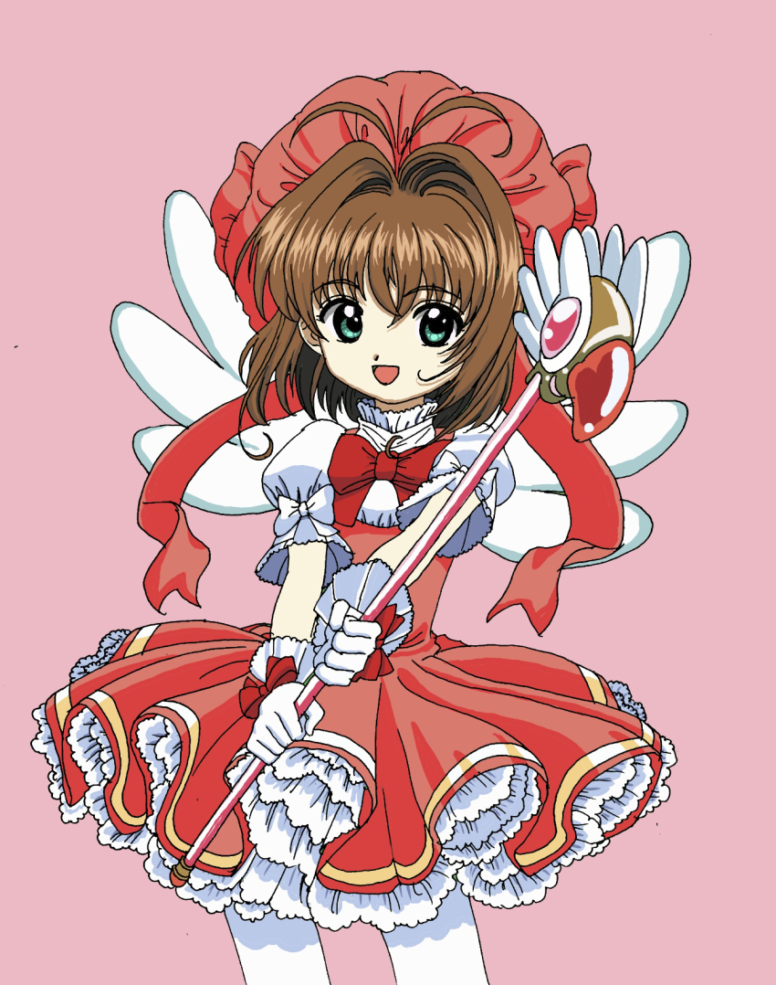 1girl :d bazz000033 bow brown_hair cardcaptor_sakura cowboy_shot dress frilled_dress frills fuuin_no_tsue gloves green_eyes hair_between_eyes highres kinomoto_sakura kinomoto_sakura_(magic_dream_costume) looking_at_viewer open_mouth pink_background puffy_short_sleeves puffy_sleeves red_bow red_dress red_ribbon ribbon short_hair short_sleeves smile solo white_gloves wrist_bow