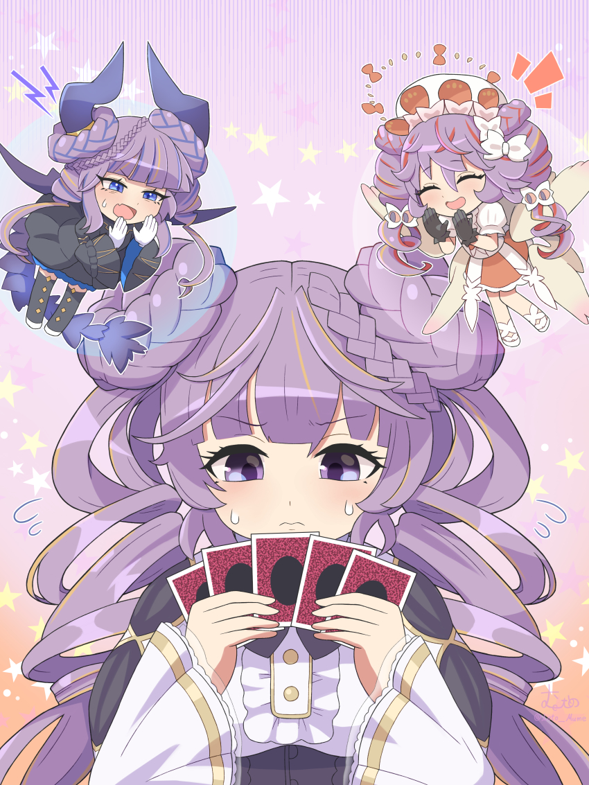 3girls absurdres angel_wings angello_vaalmonica blue_eyes braid braided_bun card demon_girl demon_horns dimonno_vaalmonica double_bun dress duel_monster floating hair_bun highres holding holding_card horns leto_mume mini_person minigirl multiple_girls purple_eyes selettrice_vaalmonica shoulder_angel shoulder_devil sweatdrop twintails white_dress wings yu-gi-oh!