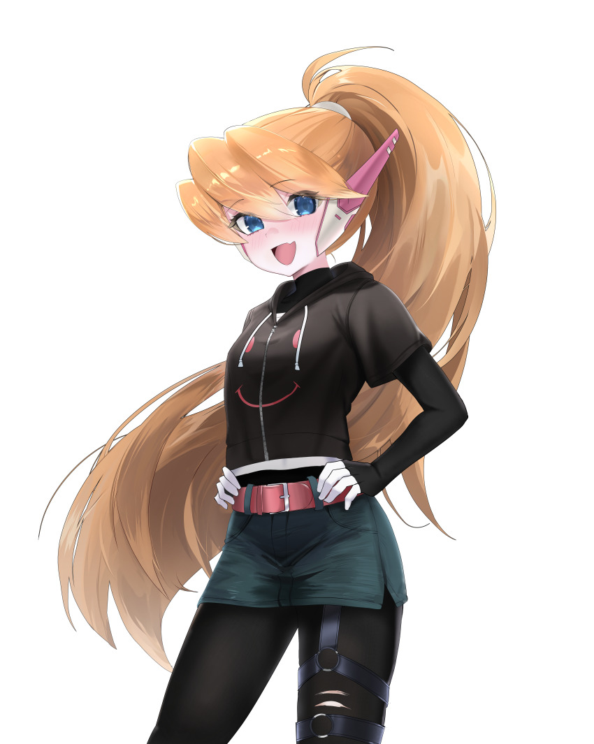 1girl absurdres alternate_costume belt blonde_hair blue_eyes bodystocking breasts ciel_(mega_man) commission commissioner_upload fauron714 gloves hands_on_own_hips highres hood hood_down hoodie long_hair looking_at_viewer mechanical_ears mega_man_(series) mega_man_zero_(series) no_headwear non-web_source open_mouth ponytail short_sleeves skirt small_breasts thighs transparent_background undershirt zipper