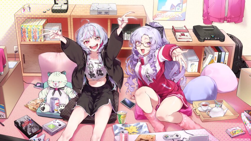 2girls agohige_x ahoge bow cellphone double_v drill_hair famicom game_boy game_console glasses grey_eyes grey_hair gyaru_v hair_bow hair_ornament hairclip handheld_game_console heterochromia highres hyakumantenbara_salome hyakumantenbara_salome_(casual) ishigami_nozomi jacket long_hair midriff multicolored_hair multiple_girls nijisanji nintendo_64 official_alternate_costume open_mouth phone playstation_1 ponytail purple_eyes purple_hair red_jacket shorts sitting smartphone super_famicom track_jacket v virtual_youtuber