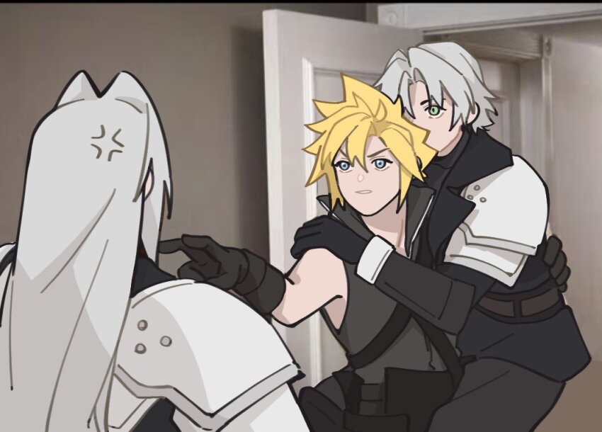 3boys annoyed blonde_hair blue_eyes carrying carrying_person cloud_strife final_fantasy final_fantasy_vii grey_hair holding long_hair looking_at_another male_focus meme mgt_85363 multiple_boys open_door pointing pointing_at_another protected_kevin_hart_(meme) sephiroth sephiroth_(ever_crisis) short_hair slit_pupils yaoi