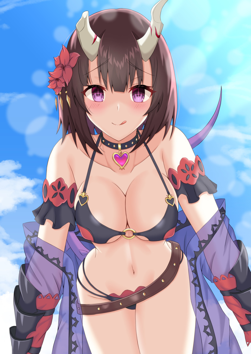 1girl belt bikini black_bikini black_choker black_gloves blue_sky blush breasts broken_horn choker cleavage commentary_request covered_erect_nipples day demon_girl demon_horns detached_sleeves eriko_(princess_connect!) eriko_(summer)_(princess_connect!) flower gloves hair_flower hair_ornament heart heart_choker highres horns iseshi leaning_forward licking_lips looking_at_viewer midriff multi-strapped_bikini_bottom navel o-ring o-ring_bikini official_alternate_costume outdoors princess_connect! purple_shawl see-through_clothes see-through_shawl shawl short_sleeves sky smile solo swimsuit tail tongue tongue_out