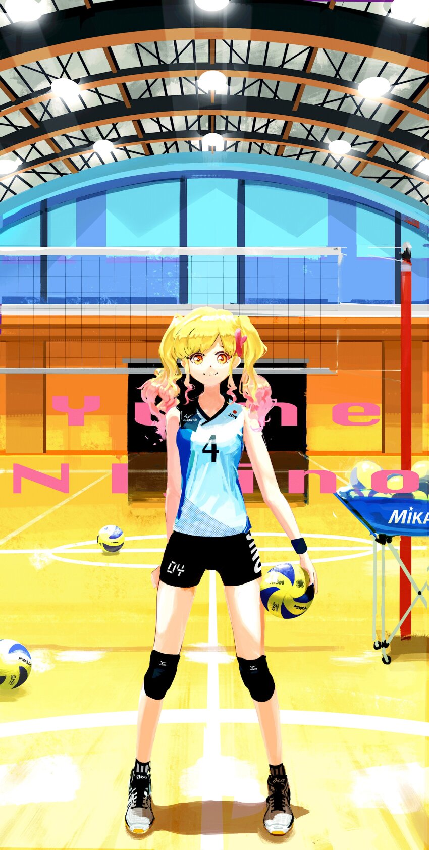 1girl absurdres aikatsu! aikatsu!_(series) aikatsu_stars! asics ball black_shorts blonde_hair breasts closed_mouth colored_tips full_body highres indoors knee_pads long_hair looking_at_viewer medium_breasts mikasa_sports mizuno_(brand) multicolored_hair nijino_yume orange_eyes orval pink_hair shadow shirt shorts sleeveless sleeveless_shirt solo sportswear standing twintails volleyball volleyball_(object) volleyball_net volleyball_uniform white_shirt