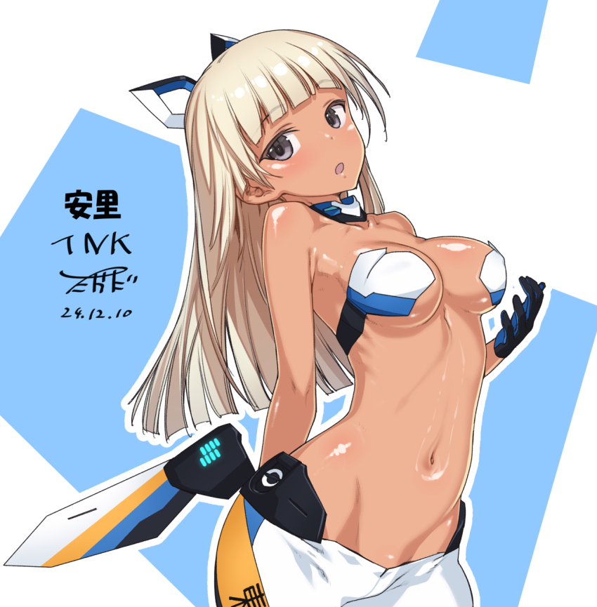 1girl alice_gear_aegis araime_yasuri blonde_hair blush breasts commentary_request dark-skinned_female dark_skin gloves grey_eyes headgear highres long_hair looking_at_viewer medium_breasts navel open_mouth revealing_clothes solo takada_kazuhiro