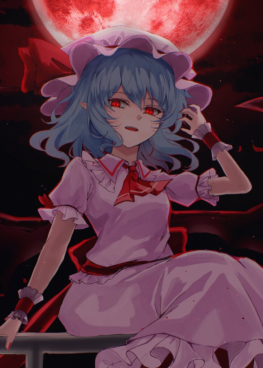 1girl absurdres commentary_request cropped full_moon glowing glowing_eyes hat highres kuro_wa_shinoru moon night pink_hat pink_shirt pink_skirt pointy_ears red_eyes red_moon remilia_scarlet shirt sitting skirt solo touhou vampire
