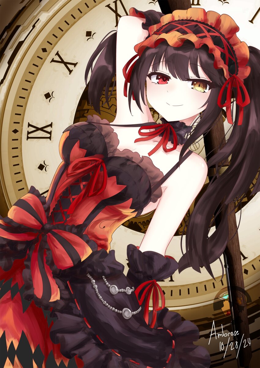 1girl absurdres ambrose antique_firearm arm_up bare_shoulders black_hair breasts clock clock_eyes clockwork date_a_live dress firearm frilled_hairband frills gun hairband heterochromia highres lolita_fashion lolita_hairband long_hair looking_at_viewer medium_breasts red_dress red_eyes red_hairband roman_numeral smile solo symbol-shaped_pupils tokisaki_kurumi twintails two-tone_dress weapon yellow_eyes