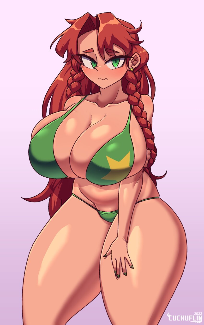 absurdres bikini blush braid breasts cuchuflin earrings female_focus green_bikini green_eyes highres hong_meiling huge_breasts jewelry looking_at_viewer print_bikini print_swimsuit red_hair simple_background star_(symbol) star_bikini star_print swimsuit thick_thighs thighs touhou twin_braids watermark