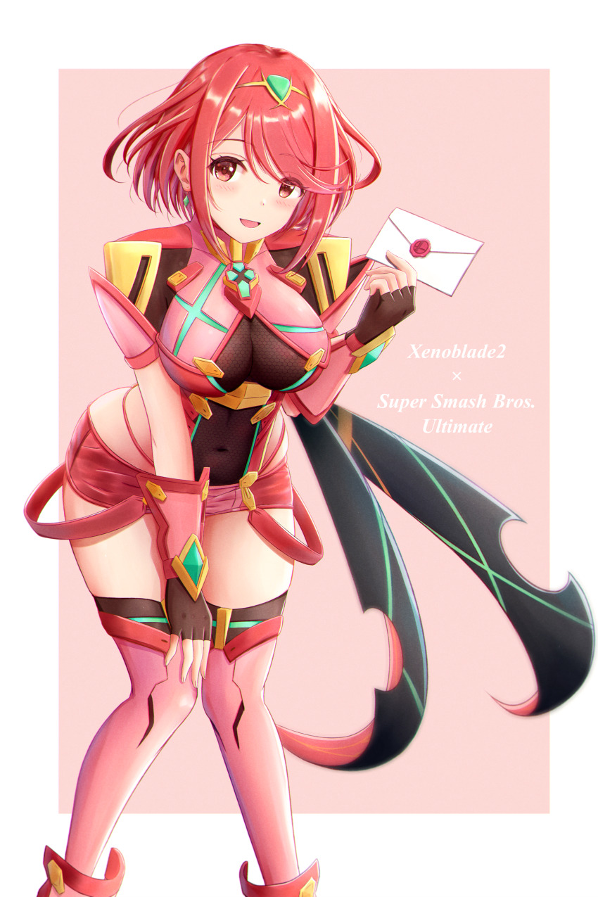 1girl absurdres armor blush breasts english_text fingerless_gloves gloves hanging_breasts highres large_breasts leaning_forward letter masuku_(saint_mask) nintendo open_mouth pink_background pyra_(xenoblade) red_eyes red_hair short_hair smile super_smash_bros. xenoblade_chronicles_(series) xenoblade_chronicles_2