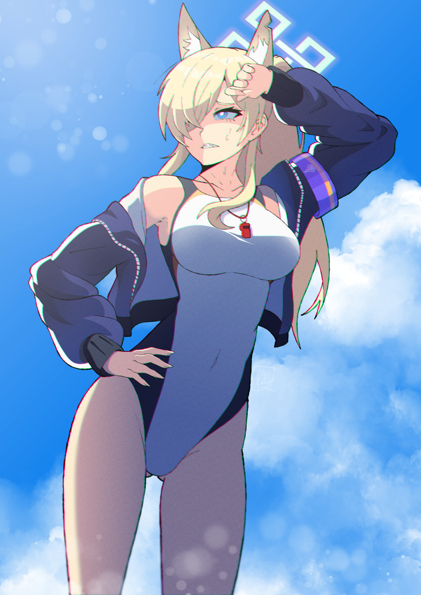 1girl absurdres animal_ear_fluff animal_ears armband blonde_hair blue_archive blue_eyes blue_halo blue_jacket blue_sky breasts cloud commentary competition_swimsuit covered_navel cowboy_shot dog_ears dog_girl english_commentary extra_ears gluteal_fold hair_over_one_eye halo hand_in_pocket highleg highleg_one-piece_swimsuit highres jacket kanna_(blue_archive) kanna_(swimsuit)_(blue_archive) kiq large_breasts long_hair looking_at_viewer notched_ear official_alternate_costume one-piece_swimsuit ponytail purple_armband sky solo swimsuit white_one-piece_swimsuit