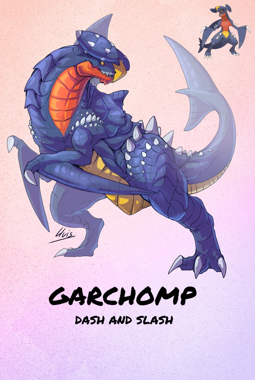 absurdres character_name claws creatures_(company) dragon english_text game_freak garchomp gen_4_pokemon highres lluisabadias looking_to_the_side nintendo pokemon pokemon_(creature) sharp_teeth signature solo teeth yellow_eyes