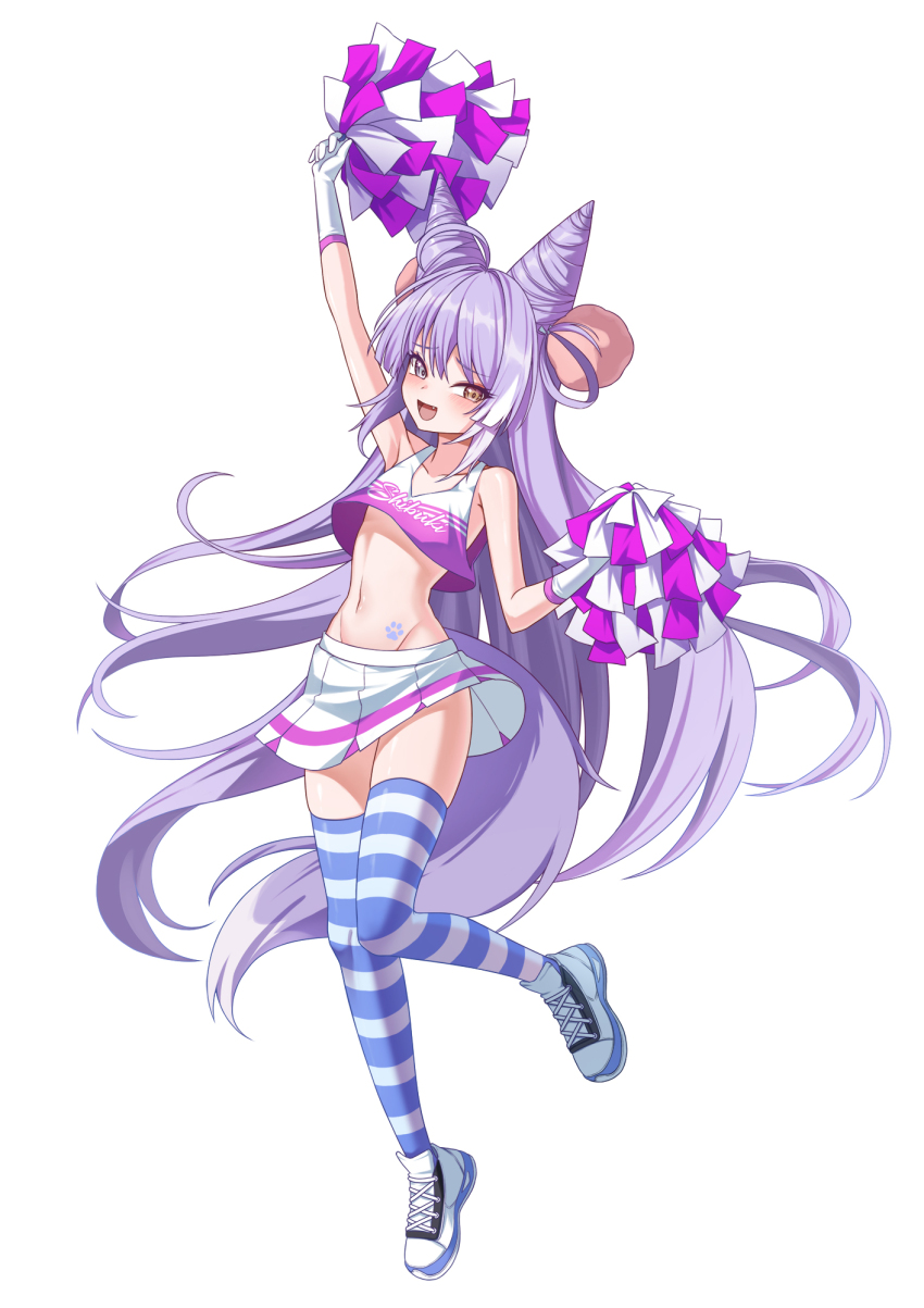 1girl arm_up bare_shoulders breasts character_name cheerleader cone_hair_bun crop_top cross-laced_footwear double_bun fang fox_girl fox_tail full_body gloves hair_bun hand_up heterochromia highres holding holding_pom_poms long_hair looking_at_viewer navel open_mouth pom_pom_(cheerleading) pom_poms purple_hair shoes simple_background skirt small_breasts smile solo standing stellive stomach striped_clothes striped_thighhighs tail tenko_shibuki thighhighs very_long_hair virtual_youtuber white_background white_footwear white_gloves white_skirt yt9676 zettai_ryouiki