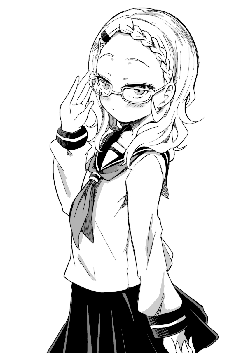 1girl absurdres adjusting_eyewear blush braid braided_bangs breasts closed_mouth cowboy_shot dot_nose glasses greyscale hair_ornament hairpin hand_up highres houjou_(takagi-san) karakai_jouzu_no_takagi-san long_sleeves looking_at_viewer medium_hair mole mole_under_eye monochrome neckerchief parted_bangs pleated_skirt sailor_collar school_uniform serafuku shiiba_aki simple_background single_sidelock skirt small_breasts solo wavy_hair white_background