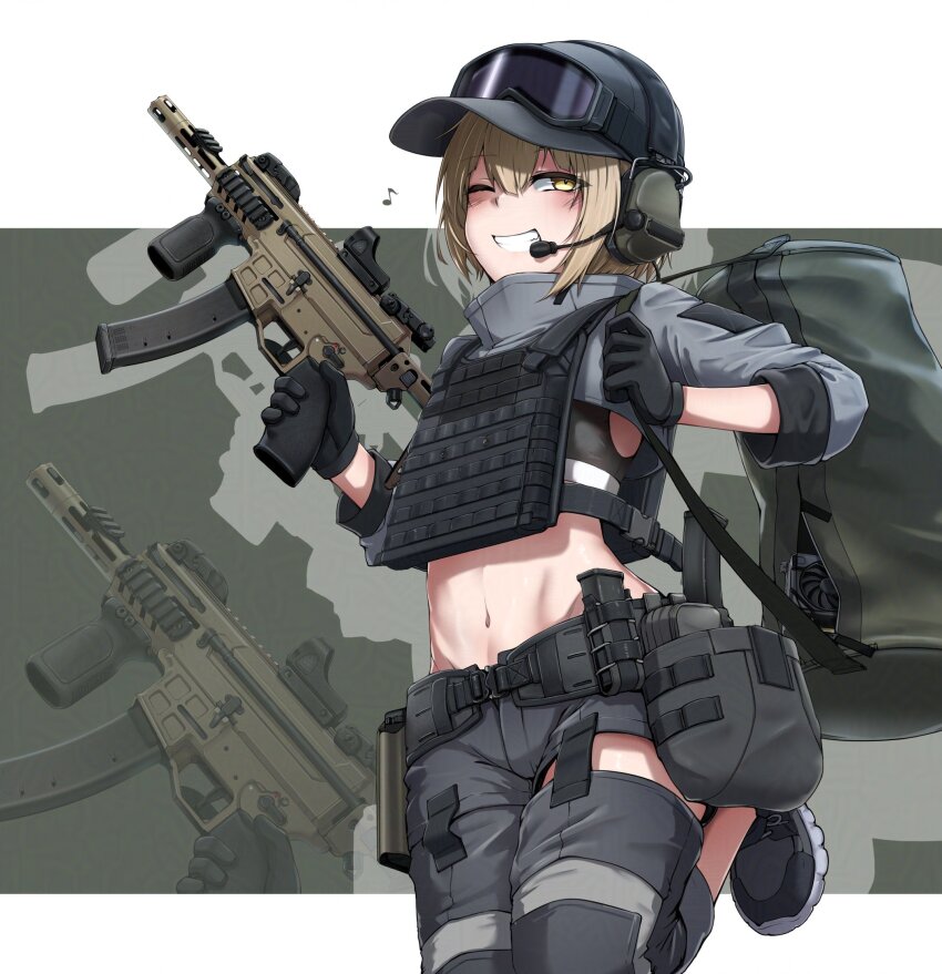 1girl ;d bag baseball_cap belt belt_pouch black_gloves black_sports_bra blonde_hair blush bulletproof_vest commentary_request duffel_bag ear_protection foregrip gloves goggles goggles_on_headwear green_bag grey_footwear grey_hat grey_pants grey_shrug grin gun hat headset highres holding holding_gun holding_weapon holster leg_up long_sleeves magazine_(weapon) midriff musical_note navel one_eye_closed open_mouth original pants pouch scope sekino_takehiro short_hair shrug_(clothing) simple_background smile solo sports_bra submachine_gun utility_belt weapon weapon_request yellow_eyes