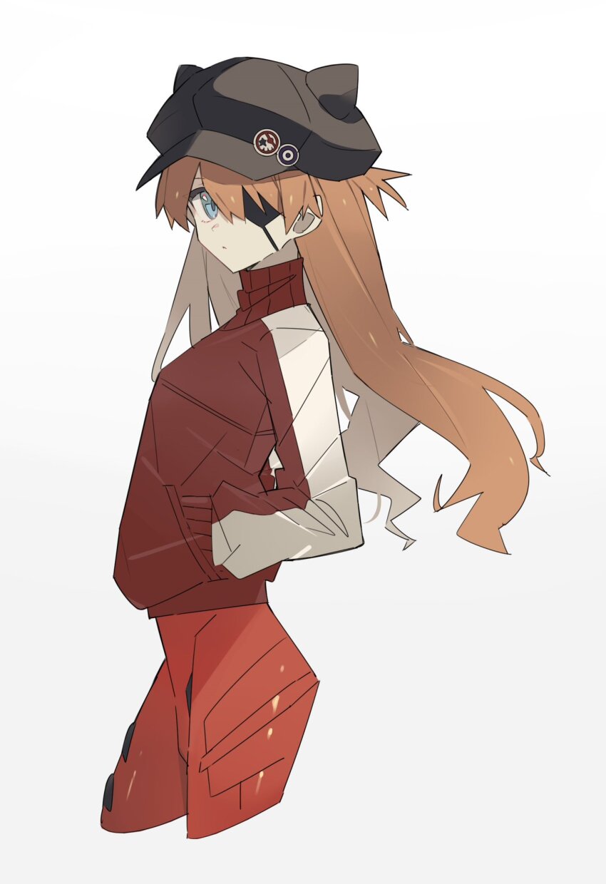 1girl black_hat blue_eyes bodysuit cropped_legs evangelion:_3.0_you_can_(not)_redo eyepatch george_man hands_in_pockets hat highres long_hair looking_at_viewer neon_genesis_evangelion orange_hair rebuild_of_evangelion red_bodysuit red_sweater simple_background solo souryuu_asuka_langley standing sweater turtleneck turtleneck_sweater white_background