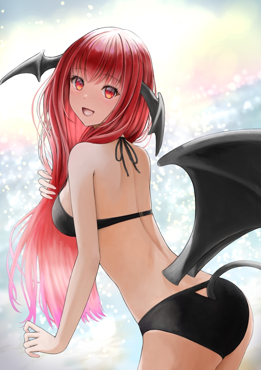 1girl :d alternate_costume bat_wings bikini black_bikini black_wings blurry blurry_background bosutonii breasts clothing_cutout commentary_request cowboy_shot demon_tail dot_nose eyes_visible_through_hair gradient_hair head_wings highres koakuma long_hair looking_at_viewer looking_back low_wings medium_breasts multicolored_hair open_mouth red_eyes red_hair smile swimsuit tail tail_through_clothes touhou wings