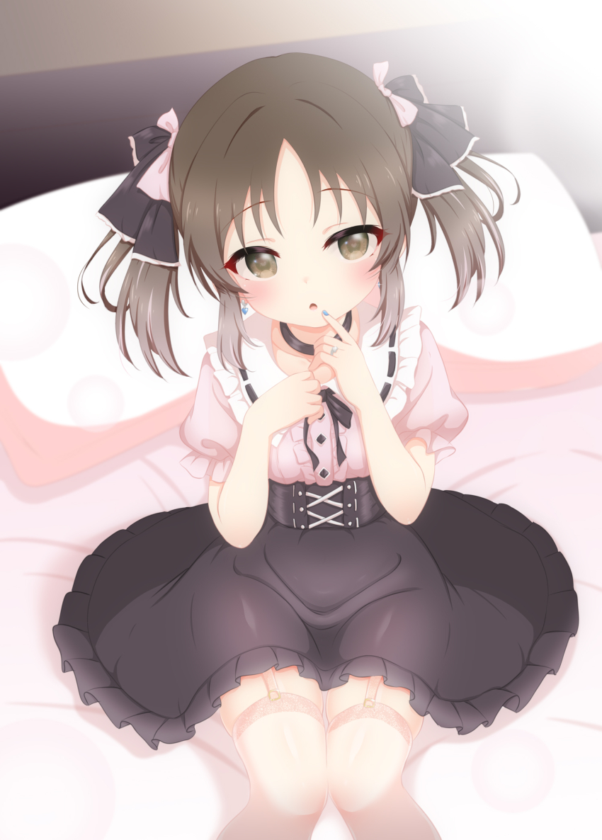 1girl bed black_bow black_ribbon black_skirt blue_nails bow brown_eyes brown_hair chestnut_mouth choker collarbone commentary_request earrings feet_out_of_frame finger_to_mouth fingernails garter_straps hair_bow hand_on_own_chest heart heart_earrings heart_in_eye highres hosizora_mikoto idolmaster idolmaster_cinderella_girls jewelry jirai_kei knees_together_feet_apart lace lace-trimmed_thighhighs lace_trim looking_at_viewer nail_polish on_bed open_mouth pillow pink_bow pink_shirt ribbon ring shirt short_sleeves sidelocks sitting skirt solo staring symbol_in_eye tachibana_arisu thighhighs twintails white_thighhighs