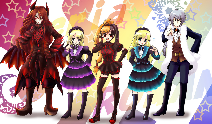 2boys 3girls bad_id bad_pixiv_id blonde_hair blue_eyes blush crossover dancing demon_boy dress gothic_lolita hare_hare_yukai highres hiver_laurant horns hortense_(sound_horizon) kazabuki_sei layla_(sound_horizon) lolita_fashion multiple_boys multiple_girls parody purple_eyes red_eyes red_hair roman_(sound_horizon) seisen_no_iberia shaytan shaytan_(sound_horizon) siblings smile sound_horizon suzumiya_haruhi_no_yuuutsu thighhighs twins violette_(sound_horizon) zettai_ryouiki