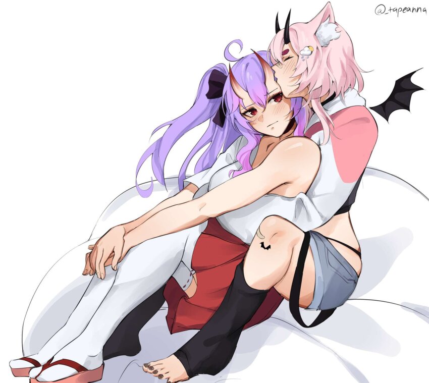 2024 2girls :3 artist_name bat_wings black_shirt blush bow cat_girl catnaps horns hug indie_virtual_youtuber kiss looking_back multiple_girls oni pink_hair purple_hair red_bow shirt sitting sydchi tapeanna toes virtual_youtuber waving white_background wings yuri